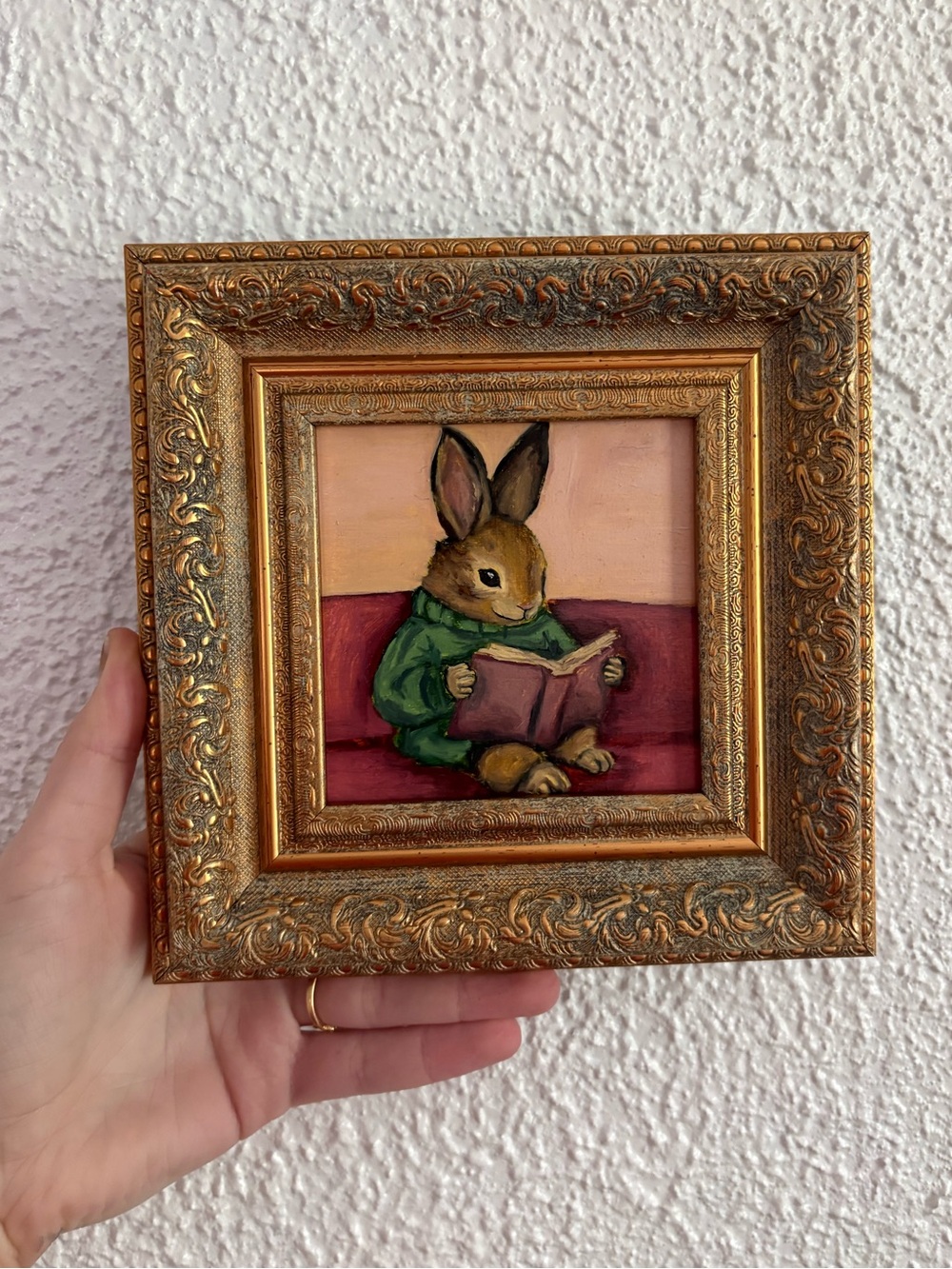 "Reading Rabbit” Original oil painting on wood board mini framed 4x4"